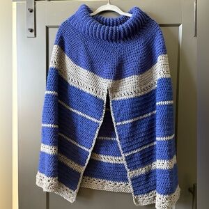 Blue and Gray Striped Turtleneck Poncho